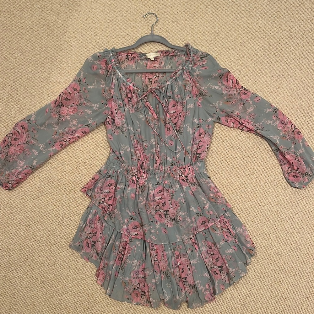 Love Shack Fancy pink/blue floral long sleeve mini dress with cinched waist
